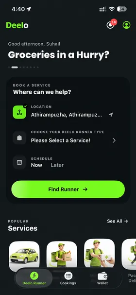 The Deelo app home screen, showing local shops and services available nearby.