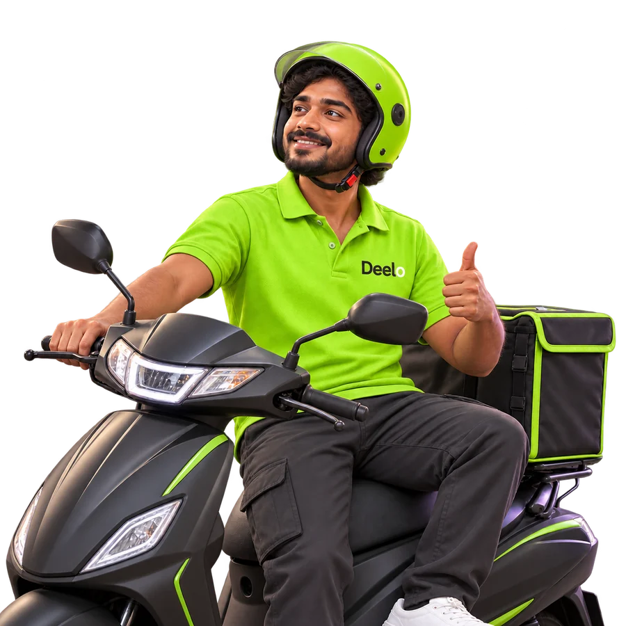 A Deelo runner on a scooter giving a thumbs-up