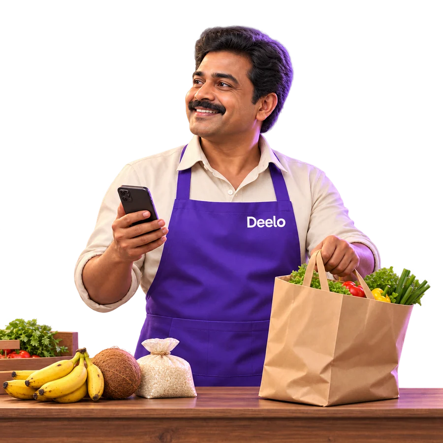 A shop owner packing a grocery order for Deelo
